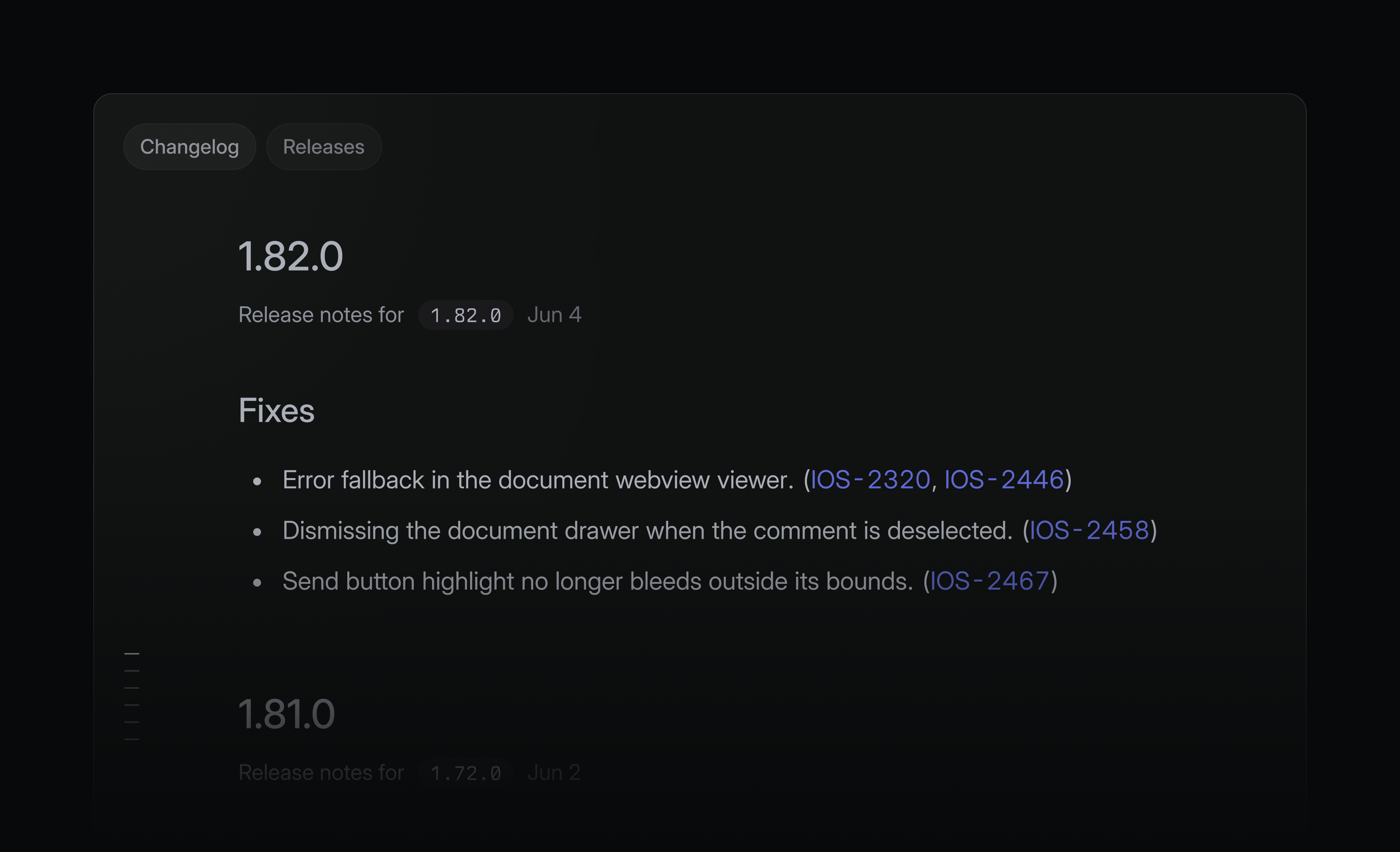 release pipeline changelog for an iOS pipeline showing fixes in releases 1.81.0 and 1.82.0